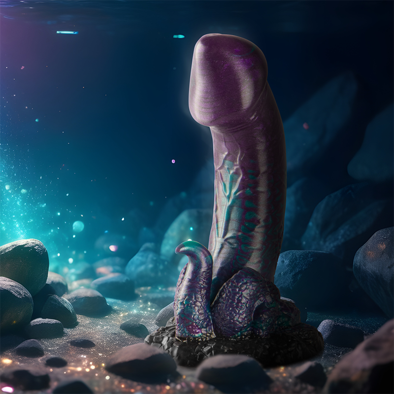 Close-up do EPIC CYBERSILICOCK Dildo Duplo Basilisk Escamoso, mostrando sua textura única e design inspirado na mitologia.