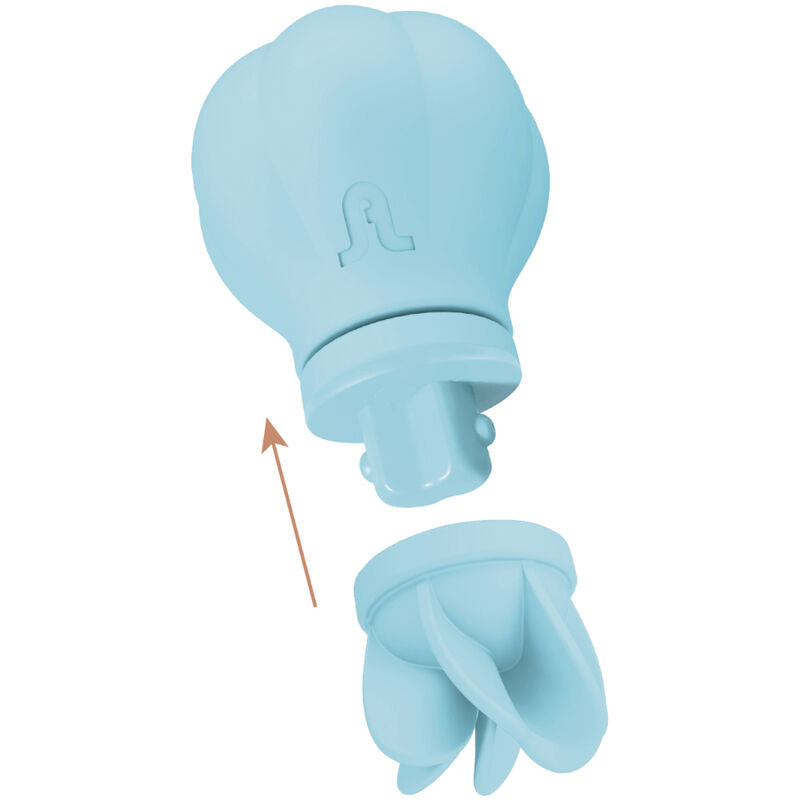 Close-up do Adrien Lastic Caress Azul, um estimulador de clitóris com design ergonómico e 5 cabeças intercambiáveis para diferentes sensações.
