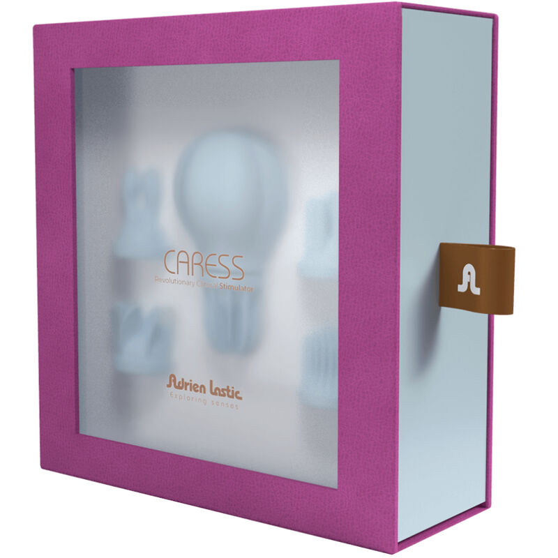 Close-up do Adrien Lastic Caress Azul, um estimulador de clitóris com design ergonómico e 5 cabeças intercambiáveis para diferentes sensações.