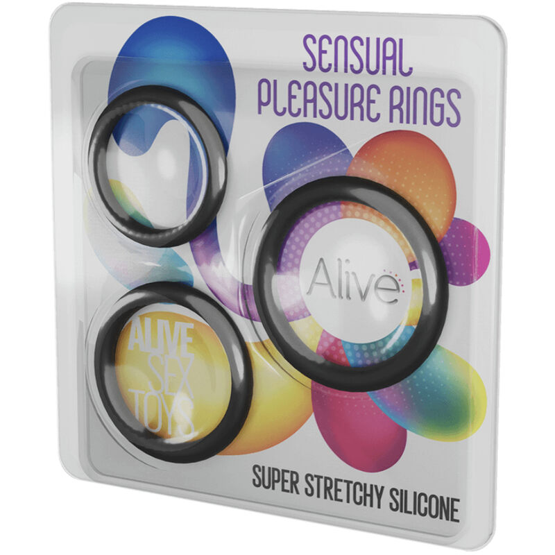 Close-up do ALIVE Kit 3 Anéis de Prazer Sensual, mostrando os anéis de silicone flexíveis.