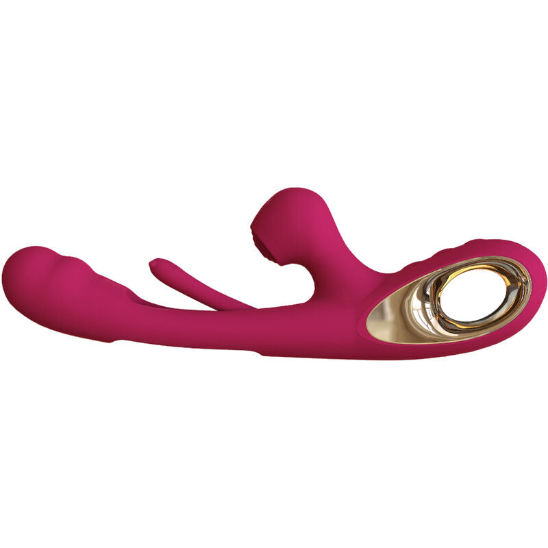 ARMONY Vibrador Impacto Swing e Estimulador Duplo na cor bordô, mostrando seu design ergonômico e texturas para estimulação.