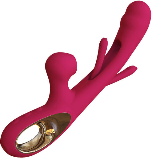 ARMONY Vibrador Impacto Swing e Estimulador Duplo na cor bordô, mostrando seu design ergonômico e texturas para estimulação.