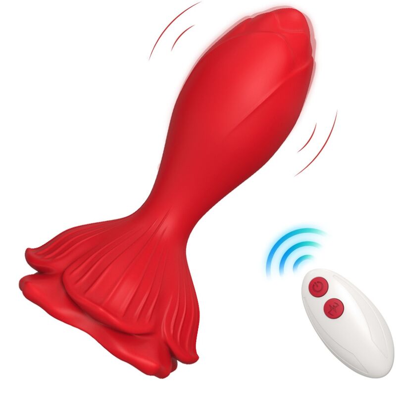 Close-up do Vibrador e Plug Anal ARMONY rosa e vermelho com controle remoto, destacando seu design ergonômico e material de silicone.