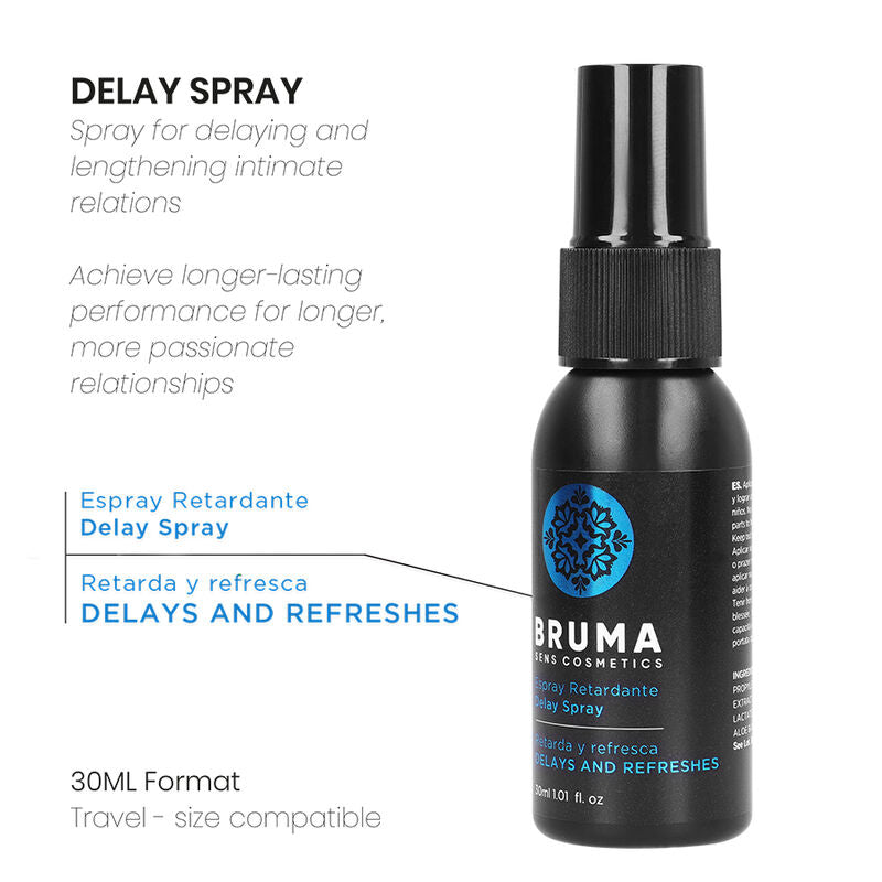 Close-up of the BRUMA Spray Retardante e Refrescante 30 ML, highlighting its packaging and compact size.