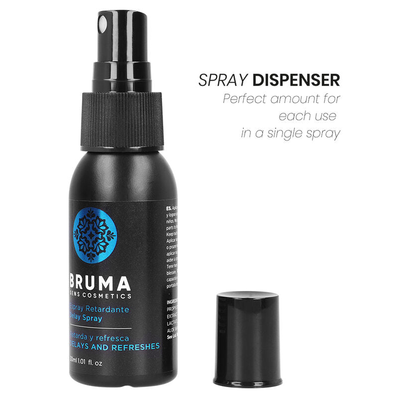 Close-up of the BRUMA Spray Retardante e Refrescante 30 ML, highlighting its packaging and compact size.