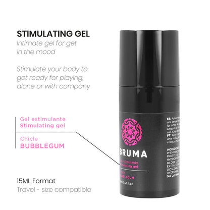 Close-up do BRUMA Gel Estimulante Sabor Bubblegum 15 ML, mostrando a embalagem compacta e detalhes do produto.