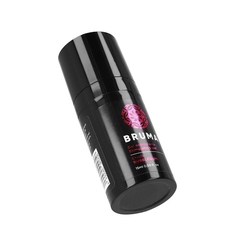 Close-up do BRUMA Gel Estimulante Sabor Bubblegum 15 ML, mostrando a embalagem compacta e detalhes do produto.
