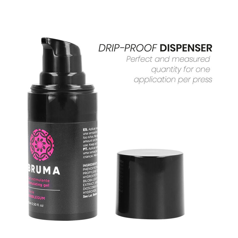 Close-up do BRUMA Gel Estimulante Sabor Bubblegum 15 ML, mostrando a embalagem compacta e detalhes do produto.