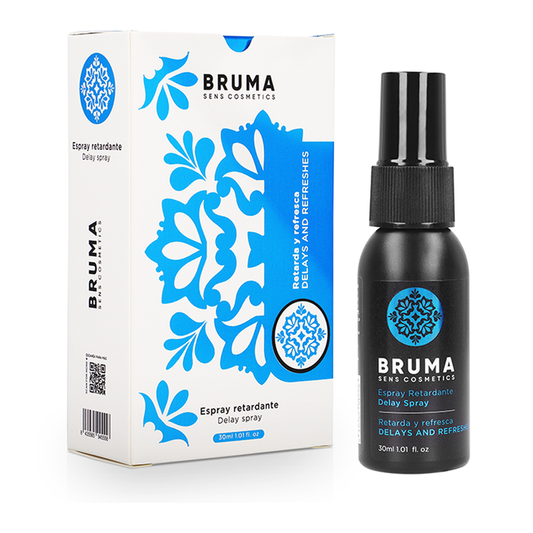 Close-up of the BRUMA Spray Retardante e Refrescante 30 ML, highlighting its packaging and compact size.