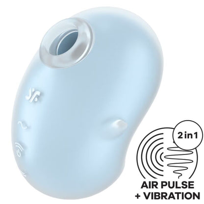 Satisfyer Cutie Ghost Vibrador Lay-On em azul claro, mostrando o design fofo e as características de estimulação clitoriana com ondas de pressão e vibração.