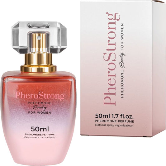 Frasco do perfume PHEROSTRONG com Feromônios para Mulher 50 ML, exibindo seu design elegante.