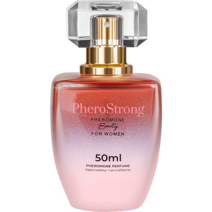 Frasco do perfume PHEROSTRONG com Feromônios para Mulher 50 ML, exibindo seu design elegante.