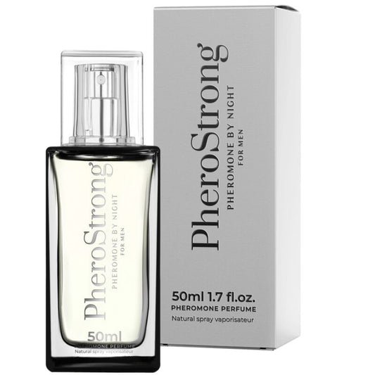 Frasco de PHEROSTRONG Perfume de Feromônios Noite para Homem 50 ML, destacando seu design elegante e cor escura.