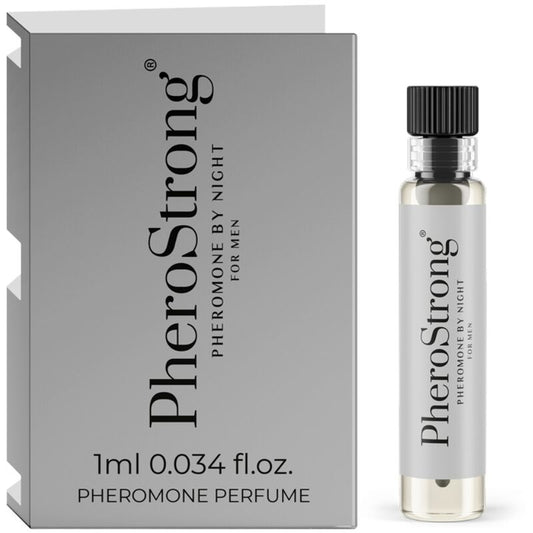 PHEROSTRONG Perfume de Feromônios Noite para Homem 1 ML, detalhes do frasco e embalagem.