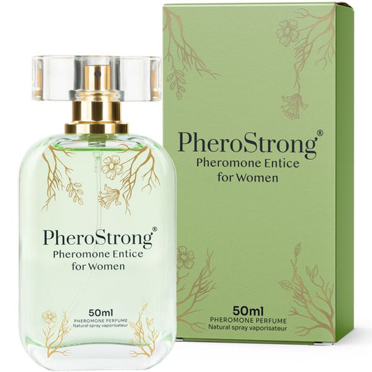 Frasco de PHEROSTRONG Perfume de Feromônios Entice para Mulheres 50ml, exibindo o design da embalagem e a cor do líquido.
