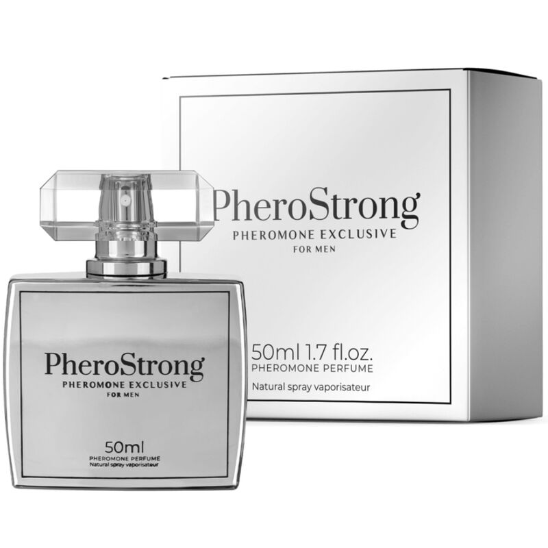 Frasco de PHEROSTRONG Perfume de Feromônios para Homens 50 ML, focado na atração e confiança masculina.