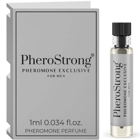 Frasco de PHEROSTRONG Perfume de Feromônios Masculino Exclusivo 1 ML, destacando o design elegante e a embalagem.