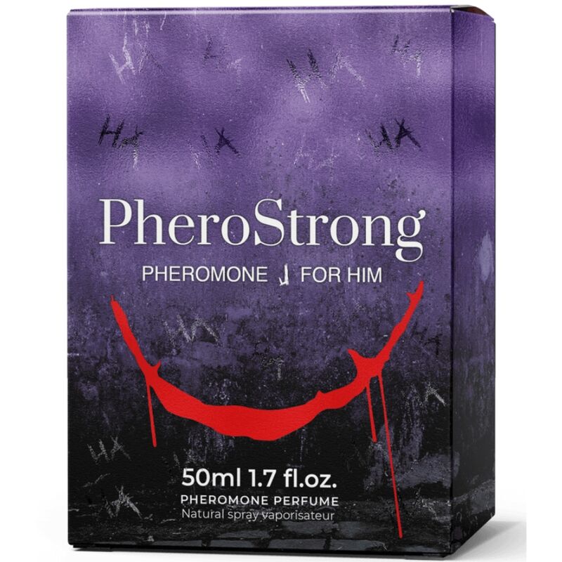 Frasco de PHEROSTRONG Perfume de Feromonas J para Homem 50 ML, exibindo o design elegante e a embalagem.