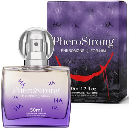 Frasco de PHEROSTRONG Perfume de Feromonas J para Homem 50 ML, exibindo o design elegante e a embalagem.