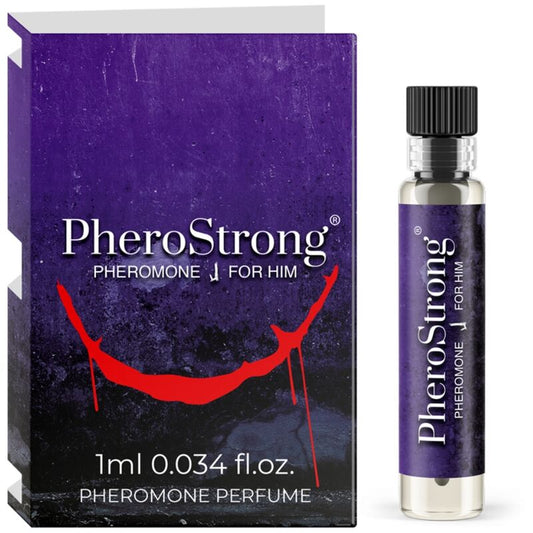 Frasco de PHEROSTRONG Perfume de Feromonas J para Ele 1 ML, destacando seu design elegante e discreto.