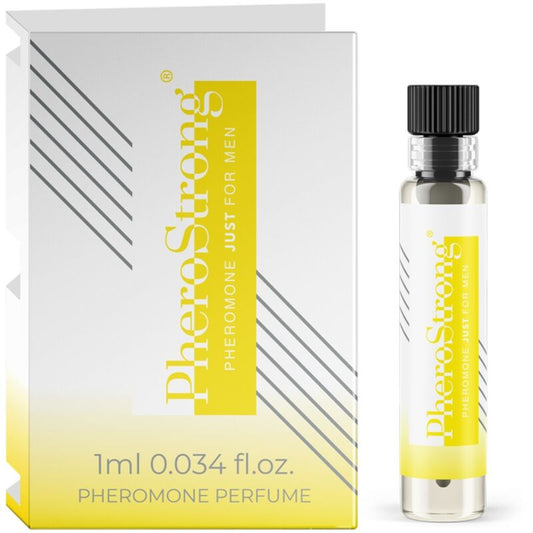 PHEROSTRONG Perfume de Feromônios Masculino 1 ML, detalhes da embalagem e frasco.