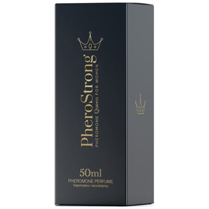 PHEROSTRONG Perfume de Feromonas Queen para Mulher 50 ML, embalagem e frasco do produto.
