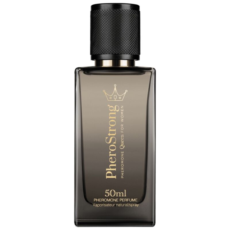 PHEROSTRONG Perfume de Feromonas Queen para Mulher 50 ML, embalagem e frasco do produto.