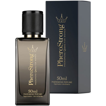 PHEROSTRONG Perfume de Feromonas Queen para Mulher 50 ML, embalagem e frasco do produto.