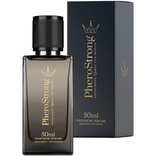 PHEROSTRONG Perfume de Feromonas Queen para Mulher 50 ML, embalagem e frasco do produto.