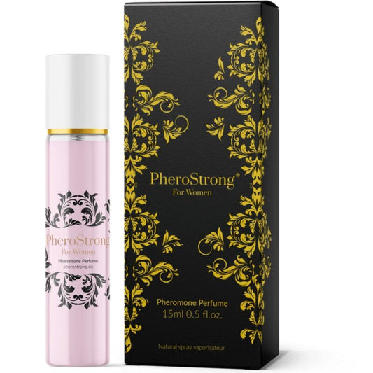 Frasco do PHEROSTRONG Perfume de Feromônios para Mulher 15 ML com detalhes da fragrância.