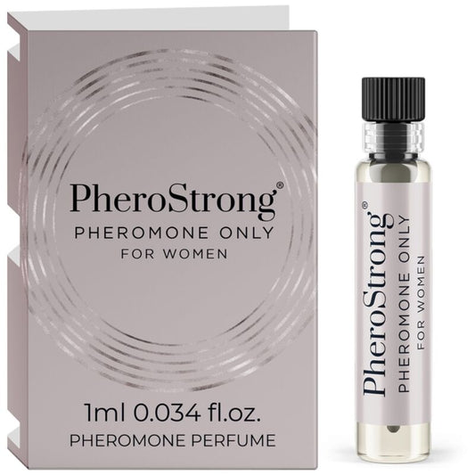 Frasco de perfume PHEROSTRONG Perfume de Feromônios Para Mulher 1 ML, exibindo o design elegante do produto.