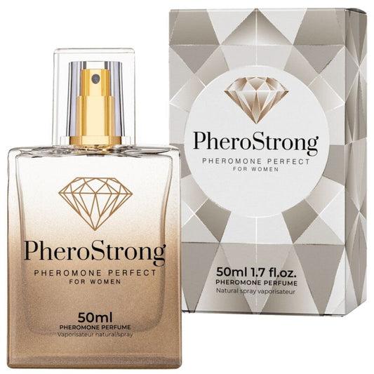Frasco de PHEROSTRONG Perfume de Feromônios para Mulheres 50 ML, com design elegante.