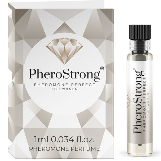 Frasco de PHEROSTRONG Perfume de Feromônios Para Mulheres 1 ML, exibindo a embalagem e o pulverizador.