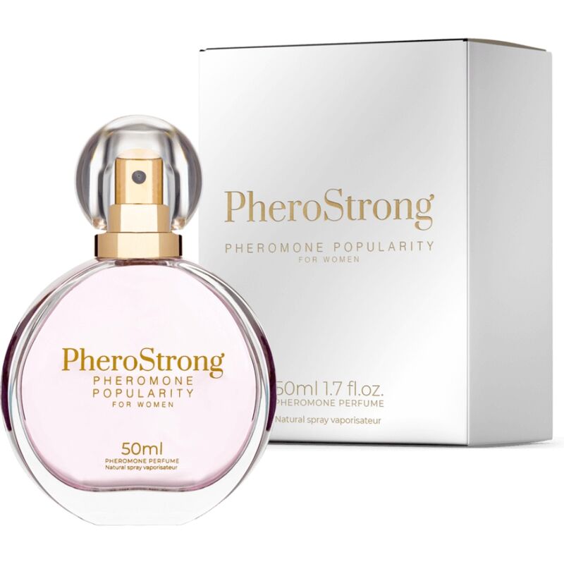 Frasco do perfume PHEROSTRONG Popularidade para Mulher 50ml, focado em detalhes da embalagem e do design.