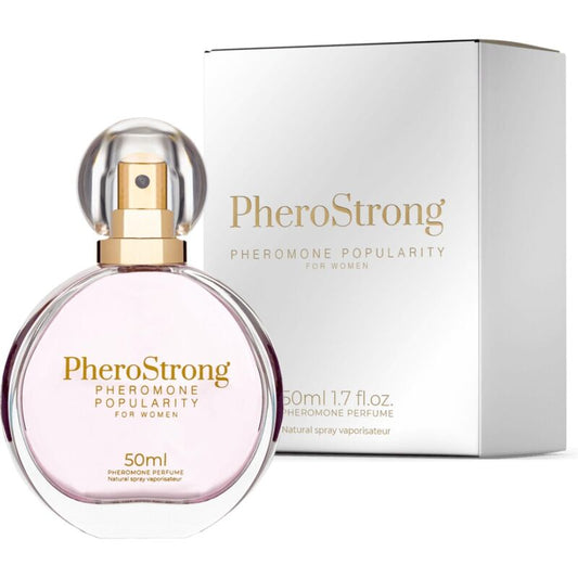 Frasco do perfume PHEROSTRONG Popularidade para Mulher 50ml, focado em detalhes da embalagem e do design.
