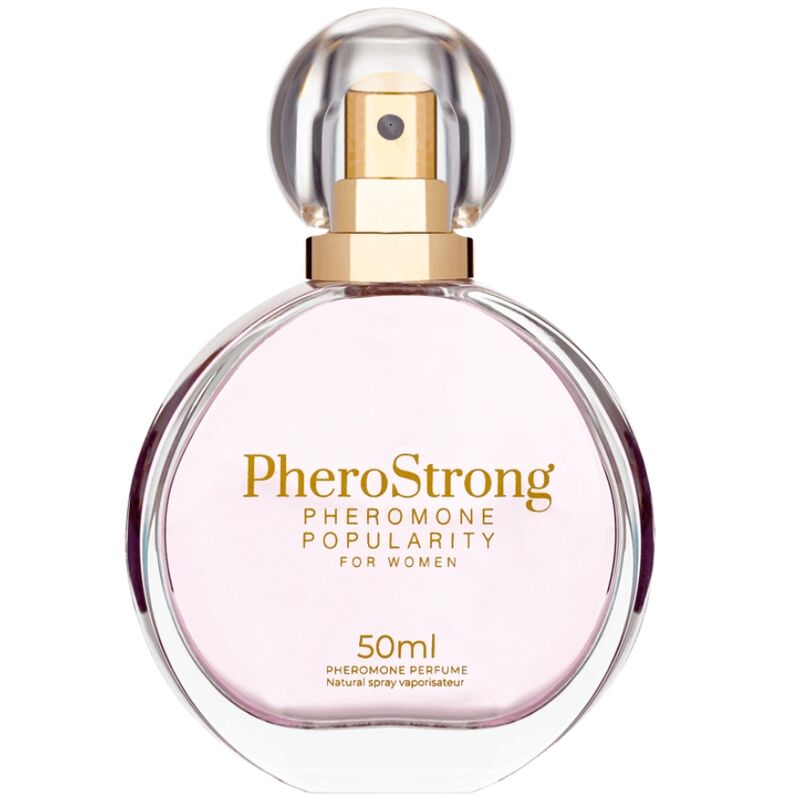 Frasco do perfume PHEROSTRONG Popularidade para Mulher 50ml, focado em detalhes da embalagem e do design.