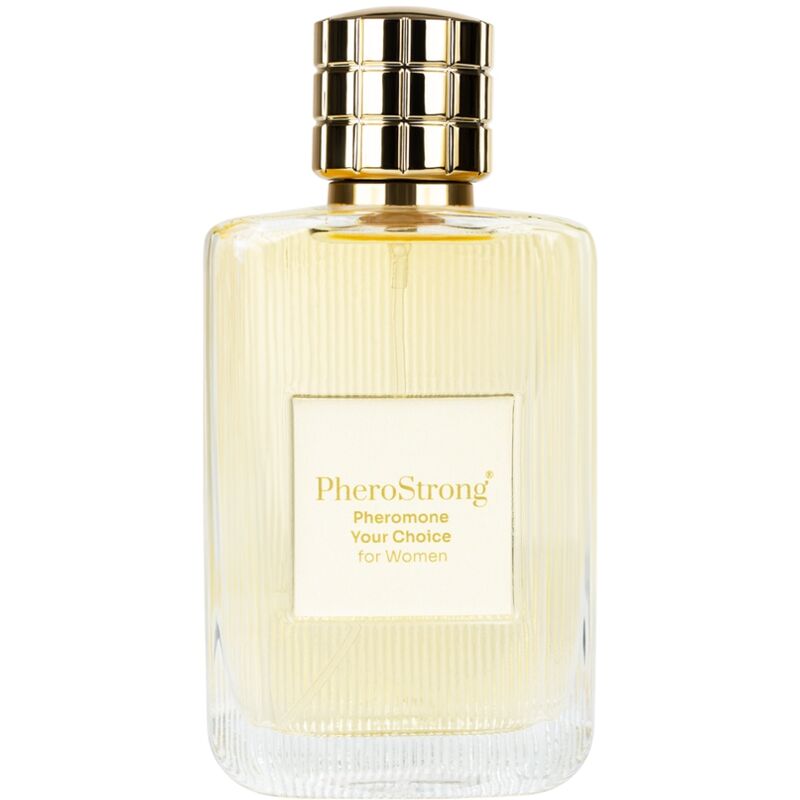 Frasco do PHEROSTRONG Perfume de Feromonas Sua Escolha para Mulheres 50 ML com detalhes do design.
