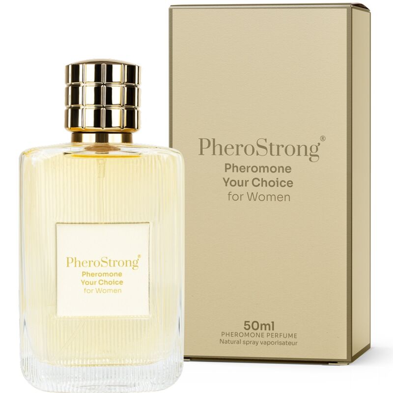 Frasco do PHEROSTRONG Perfume de Feromonas Sua Escolha para Mulheres 50 ML com detalhes do design.
