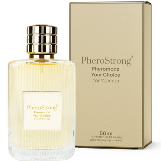Frasco do PHEROSTRONG Perfume de Feromonas Sua Escolha para Mulheres 50 ML com detalhes do design.
