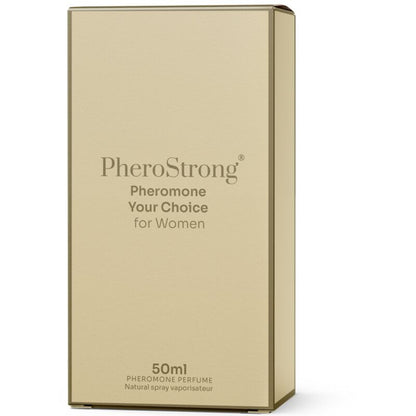 Frasco do PHEROSTRONG Perfume de Feromonas Sua Escolha para Mulheres 50 ML com detalhes do design.
