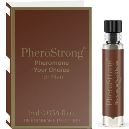 Frasco de PHEROSTRONG Perfume de Feromonas Masculino 1 ML, exibindo o design elegante e a embalagem.