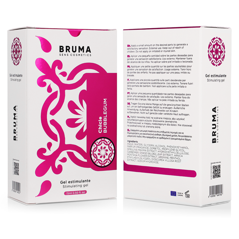 Close-up do BRUMA Gel Estimulante Sabor Bubblegum 15 ML, mostrando a embalagem compacta e detalhes do produto.