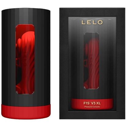 Close-up do masturbador masculino LELO F1S V3 XL, mostrando seu design ergonômico e silicone premium com detalhes vermelhos.