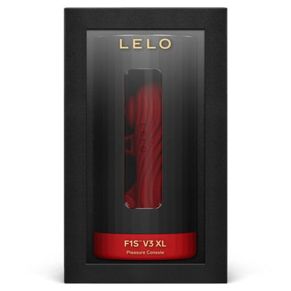 Close-up do masturbador masculino LELO F1S V3 XL, mostrando seu design ergonômico e silicone premium com detalhes vermelhos.