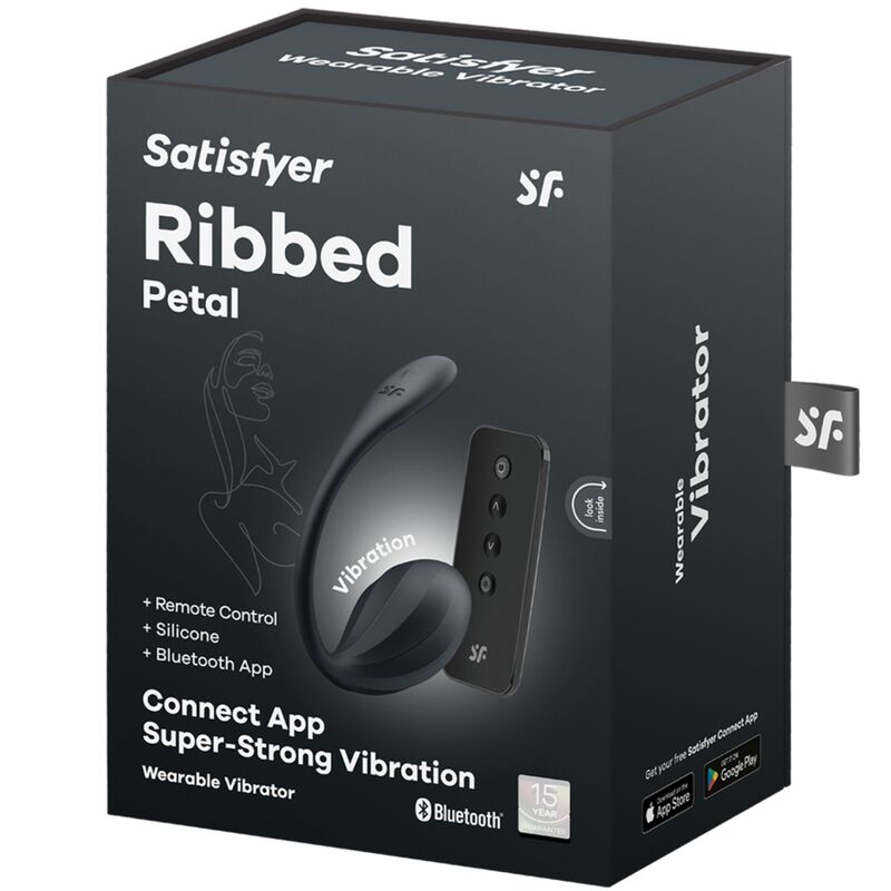 Satisfyer Ribbed Petal Vibrador Ponto G com App e Controle Remoto na cor preta, mostrando a textura nervurada.