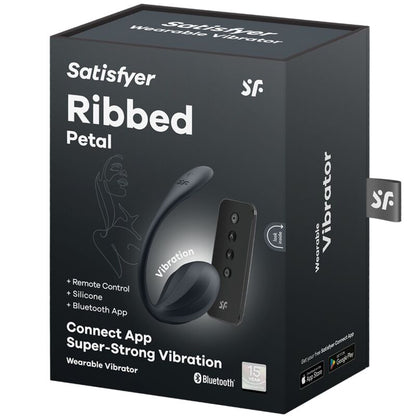 Satisfyer Ribbed Petal Vibrador Ponto G com App e Controle Remoto na cor preta, mostrando a textura nervurada.