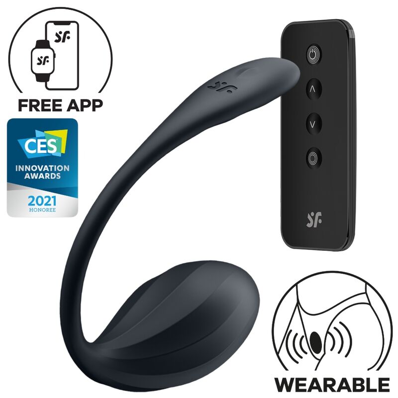 Satisfyer Ribbed Petal Vibrador Ponto G com App e Controle Remoto na cor preta, mostrando a textura nervurada.