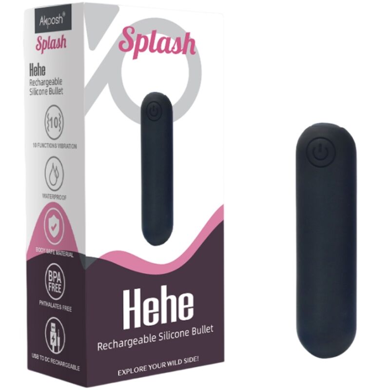 Vibrador bala ARMONY Splash Hehe em silicone preto com 10 vibrações.