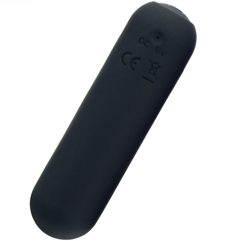 Close-up of the ARMONY Vibrador Bala Silicone 10 Vibrações USB, showing its sleek black design and compact size.