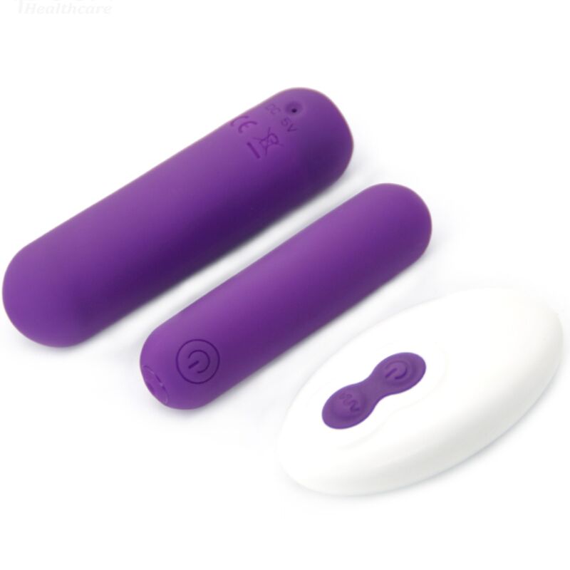 Close-up do ARMONY Vibrador Bala Joline em silicone roxo com controle remoto, destacando sua forma compacta.